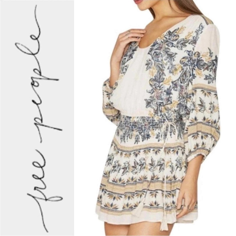 Free People Women Dress Size XS Extra Small Ivory Tan Floral Long Sleeve Tassel‎